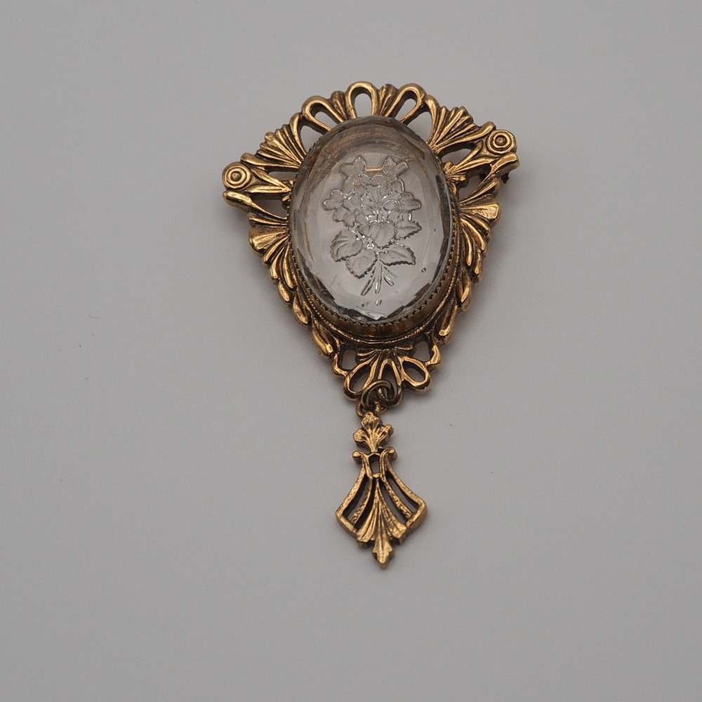 Vintage Reverse Intaglio Glass Brooch Floral Pin Openwork Gold Tone Dangle Charm